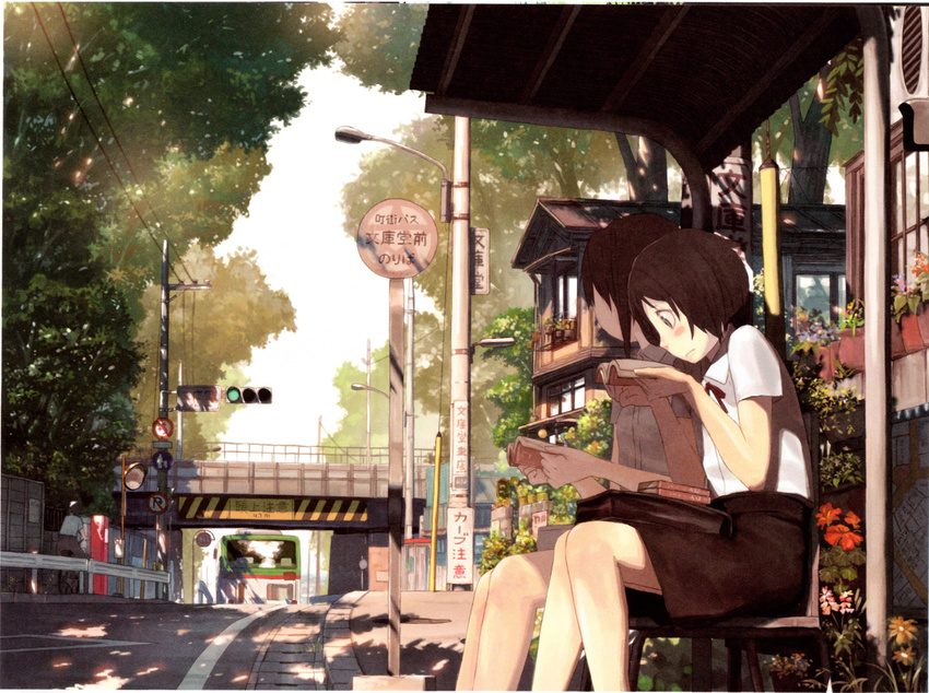 bag bench bicycle black_hair blush blush_stickers book bridge bus bus_stop flower ground_vehicle highres lamppost motor_vehicle multiple_girls original overpass power_lines profile reading road scan scenery school_bag school_uniform shade short_hair sign sitting street teikoku_shounen telephone_pole traffic_light tree tree_shade