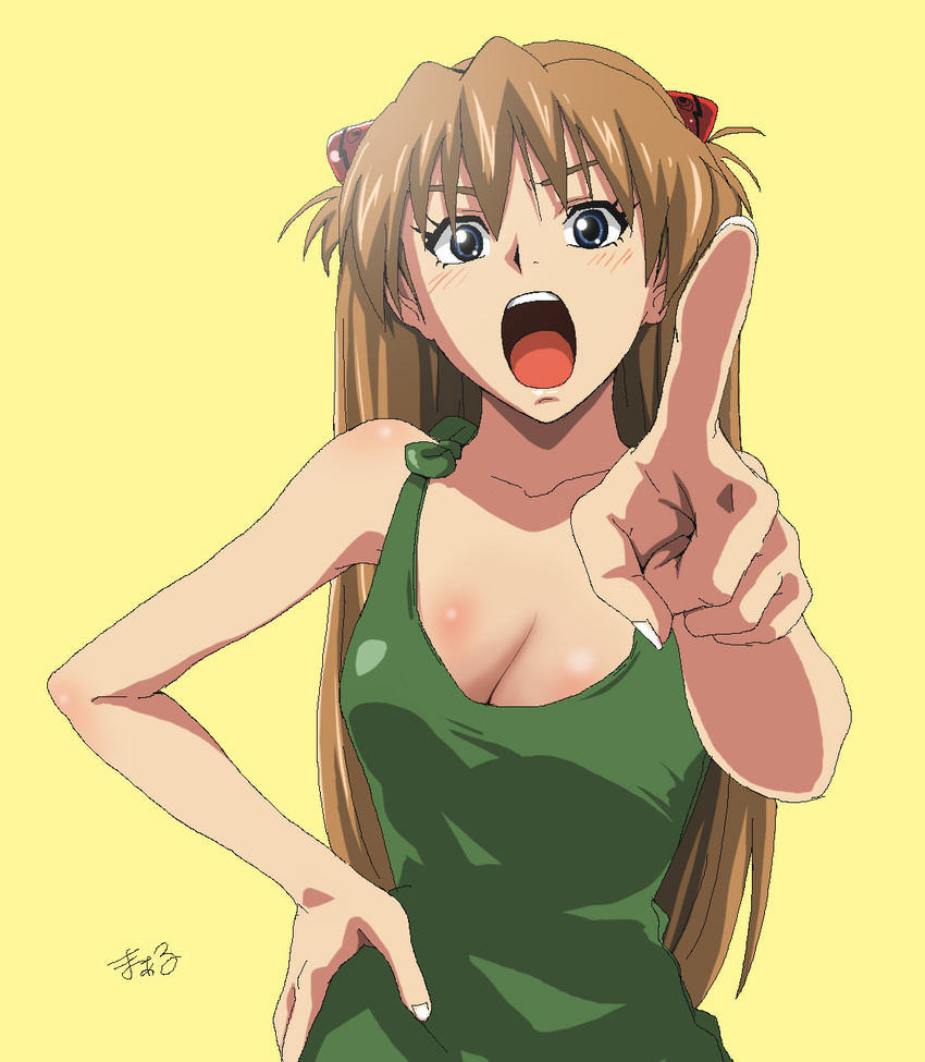 artist_request blush breasts cleavage highres large_breasts long_hair neon_genesis_evangelion pointing red_hair solo souryuu_asuka_langley tank_top