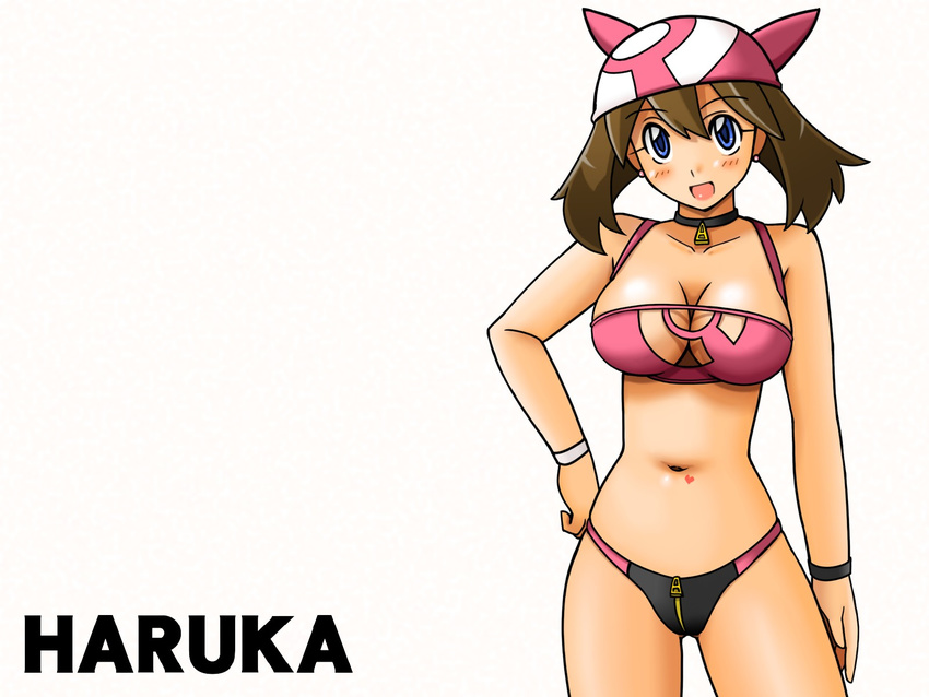 armband bandana bikini blue_eyes breasts brown_hair character_name choker cleavage cleavage_cutout crotch_zipper hand_on_hip haruka_(pokemon) hat heart highres large_breasts navel older open_mouth poke_ball_theme pokemon solo swimsuit tsumitani_daisuke wallpaper wristband zipper