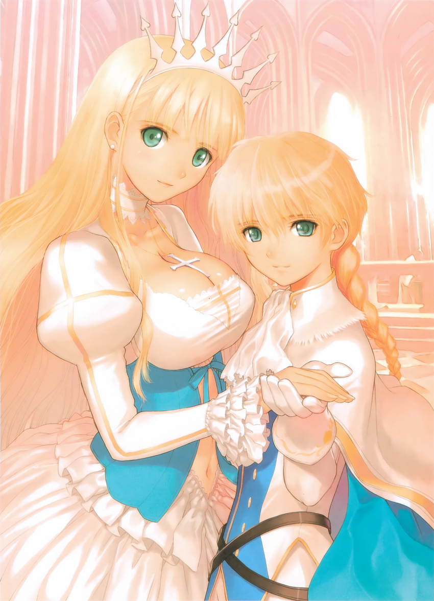 absurdres ascot bangs belt blonde_hair braid breasts brother_and_sister cape caris_philias center_opening choker clalaclan_philias cleavage cross crown dress earrings formal frills gloves gown green_eyes hands highres holding_hands jewelry large_breasts long_hair midriff multiple_girls navel necklace official_art petite prince princess scan shining_(series) shining_wind siblings smile standing tanaka_takayuki very_long_hair