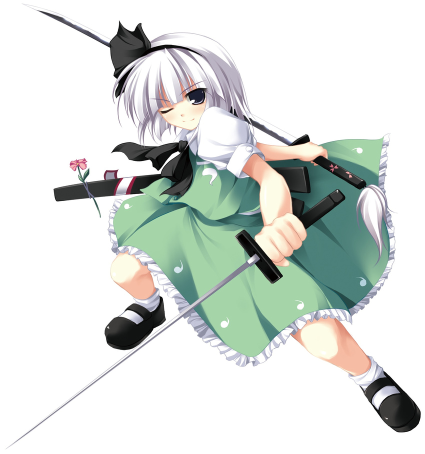 bad_id bad_yandere_id blue_eyes dual_wielding hairband highres holding katana konpaku_youmu one_eye_closed short_hair silver_hair solo sword tateha_(marvelous_grace) touhou weapon