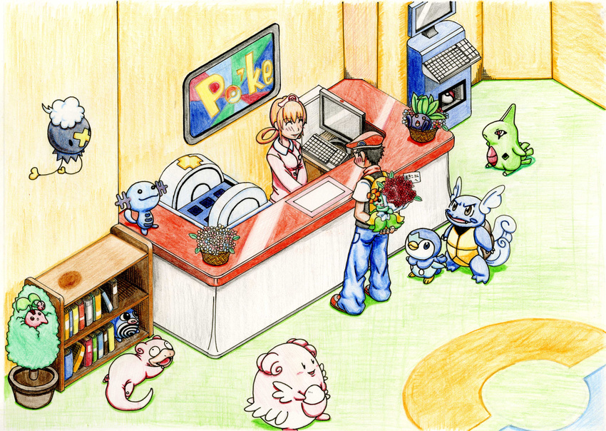 1girl ^_^ absurdres bellossom blissey blush book bookshelf bouquet cherubi closed_eyes computer diamond_(pokemon) drifloon flower gen_1_pokemon gen_2_pokemon gen_4_pokemon highres kouki_(pokemon) larvitar nintendo oddish otsuru_(artist) piplup poke_ball pokemon pokemon_(creature) poliwag slowpoke technology wartortle wooper