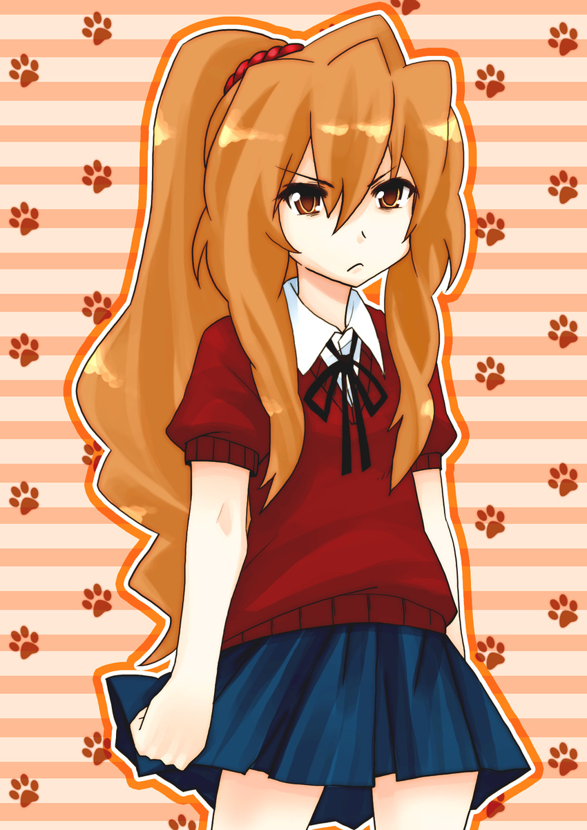 :&lt; aisaka_taiga brown_eyes brown_hair frown highres long_hair neck_ribbon paw_print ponytail ribbon ro_man scowl skirt solo toradora!