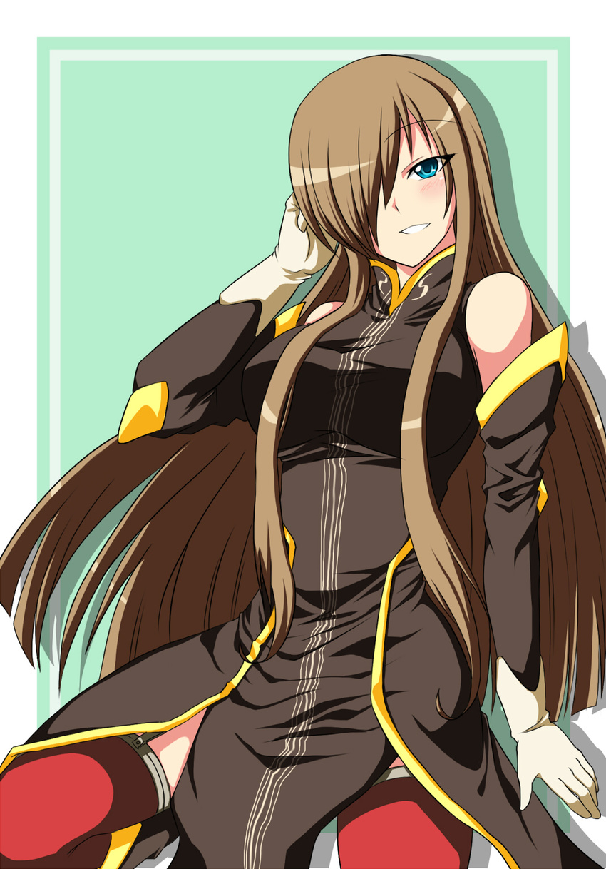 bare_shoulders blue_eyes blush breasts brown_hair hair_over_one_eye highres large_breasts long_hair shangorilla solo tabard tales_of_(series) tales_of_the_abyss tear_grants thighhighs very_long_hair