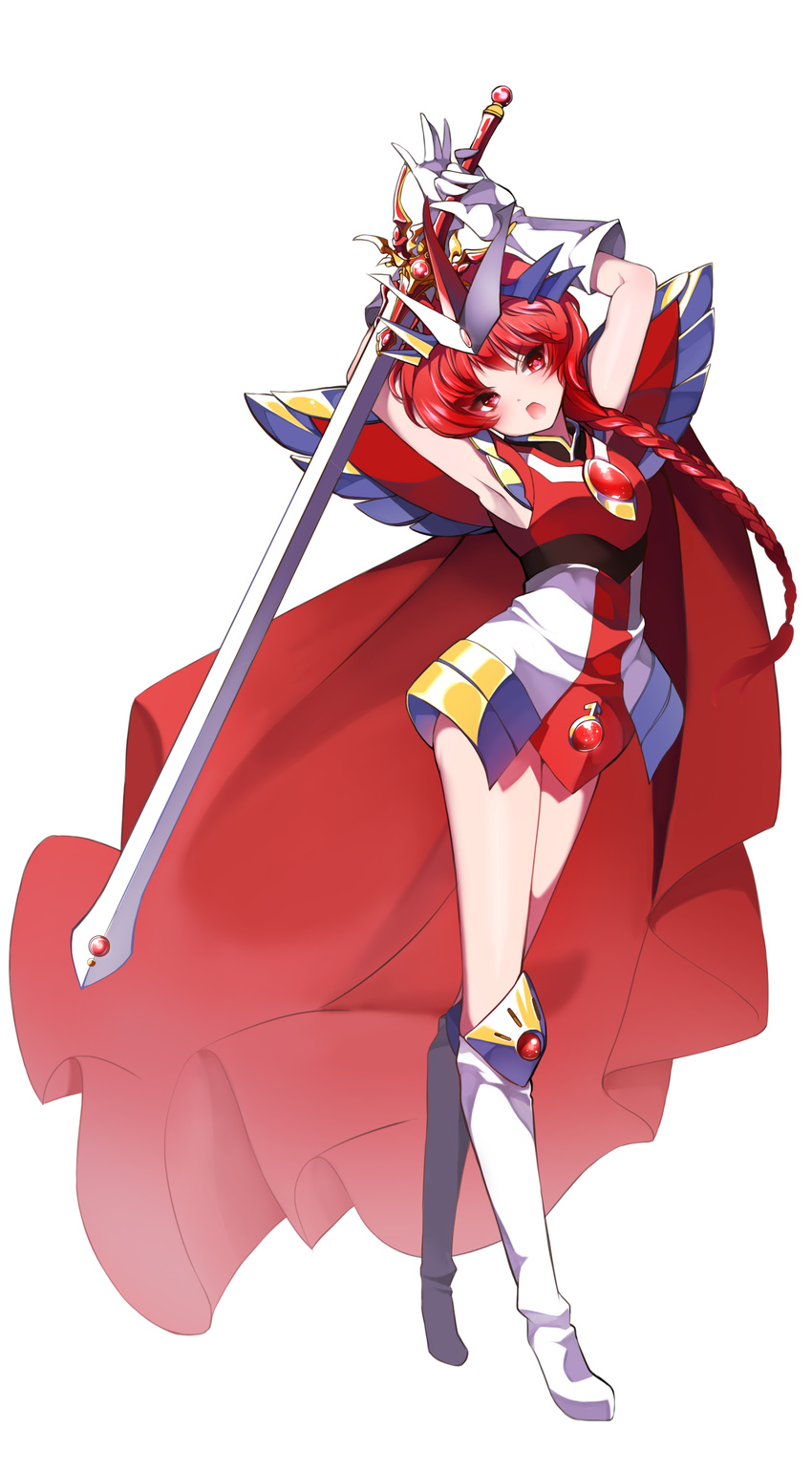 absurdres armor armored_dress armpits arms_up boots braid cape full_body gem gloves highres kanola_u knee_boots long_hair magic_knight_rayearth pauldrons pose red_cape red_eyes red_hair shidou_hikaru skirt solo standing sword weapon white_background white_footwear