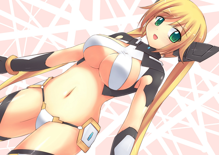blonde_hair breasts dutch_angle gloves green_eyes huge_breasts long_hair navel ore_twintail_ni_narimasu revealing_clothes smile solo srwsrx_(gp03dsrx) tailyellow thighhighs twintails underboob