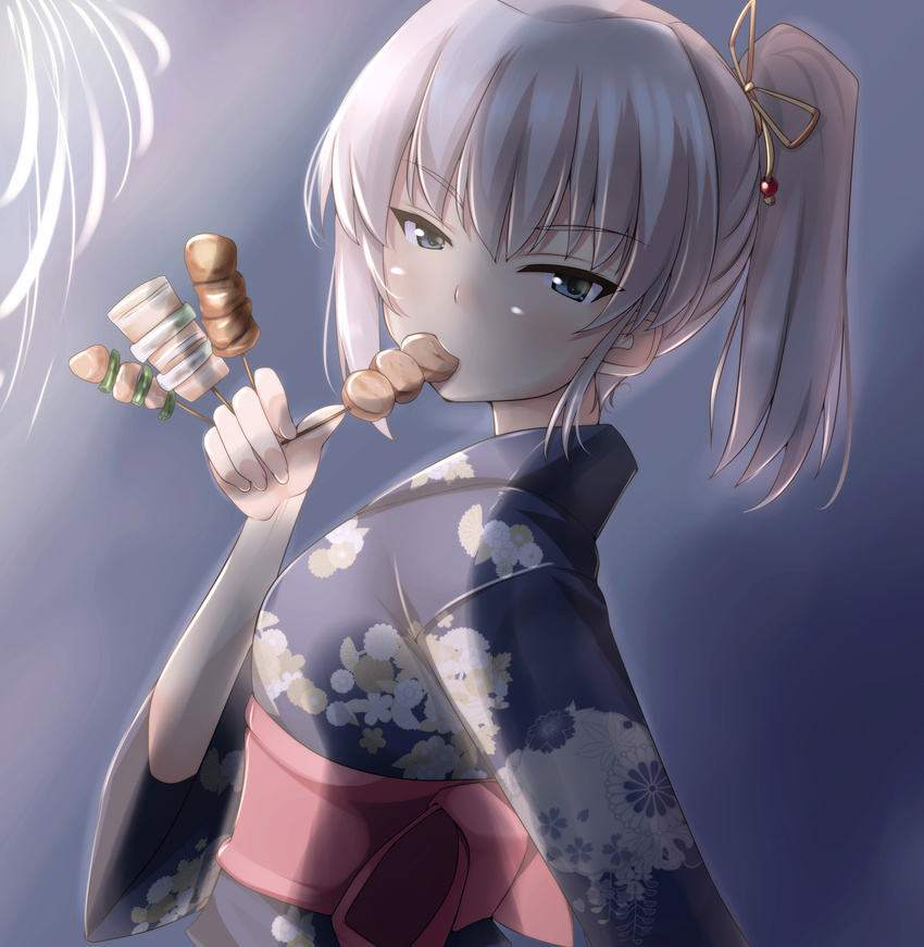 backlighting bad_id bad_pixiv_id bangs blue_kimono blush eating eyebrows_visible_through_hair fireworks food food_in_mouth from_side girls_und_panzer hair_up highres holding holding_food itsumi_erika japanese_clothes kebab kimono long_sleeves looking_at_viewer night night_sky nksk obi outdoors ponytail print_kimono sash short_ponytail silver_hair sky solo wide_sleeves