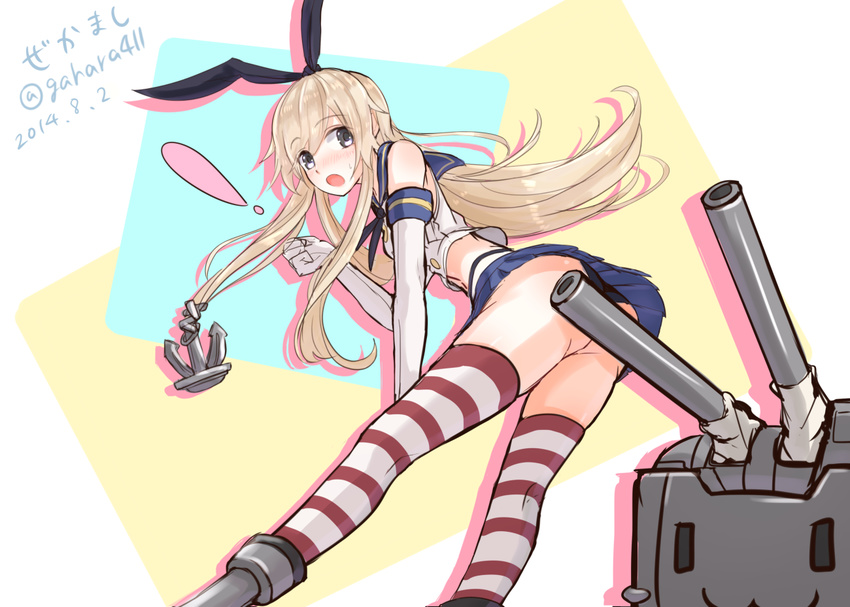 anchor ass black_panties blonde_hair crop_top elbow_gloves from_below gloves grey_eyes hairband highleg highleg_panties kantai_collection leaning_forward long_hair looking_at_viewer miniskirt open_mouth panties school_uniform serafuku shimakaze_(kantai_collection) skirt solo striped striped_legwear thighhighs thighs toshi_gahara underwear white_gloves