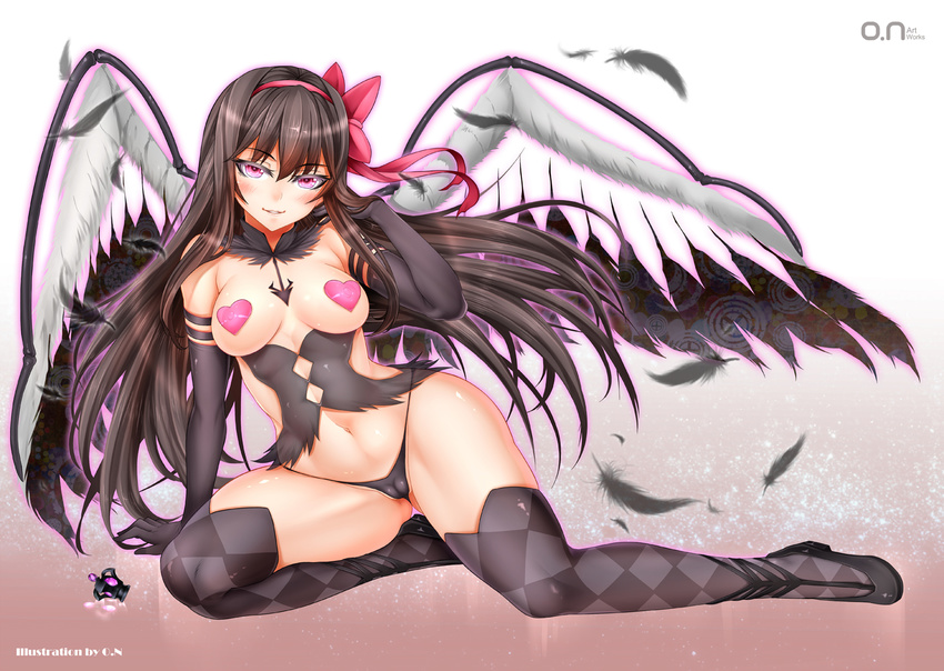 akemi_homura akuma_homura arm_support ass_visible_through_thighs bare_shoulders black_gloves black_hair black_legwear black_panties bow breasts cameltoe covered_nipples dark_orb_(madoka_magica) detached_collar elbow_gloves feathers full_body gloves hair_bow hairband heart_pasties long_hair looking_at_viewer mahou_shoujo_madoka_magica mahou_shoujo_madoka_magica_movie md5_mismatch medium_breasts navel oni-noboru panties pasties pink_eyes red_hairband revision smile solo soul_gem spoilers thighhighs underwear wings