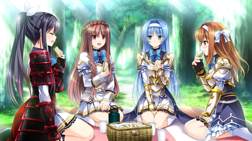 1boy 3girls armor basket blue_eyes blue_hair braid brown_hair crossdressing cup eating eyes_closed food forest game_cg grass hair_ribbon hairband happy kidou_kaede kimishima_ao kneeling legs long_hair mitsu_king multiple_girls nature ninomiya_mikoto open_mouth orange_hair otome_ga_kanaderu_koi_no_aria picnic ponytail purple_hair red_eyes ribbon sandwich skirt smile socks sunlight thighs trap tree trees tsukahara_izumi yukishiro_kotori zinno