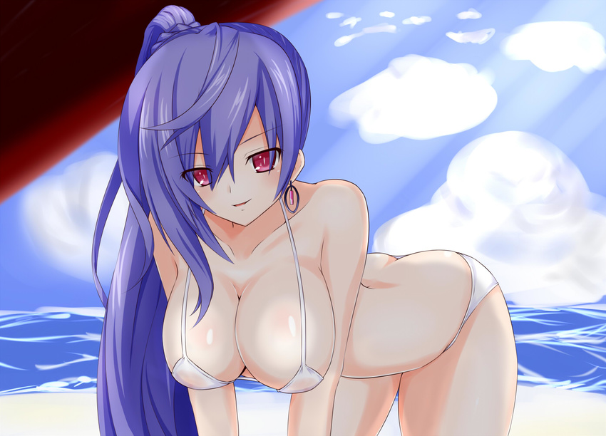 all_fours alternate_costume bangs beach bikini blue_hair blush braid breasts butt_crack cleavage cloud day earrings eyes_visible_through_hair hair_between_eyes hanging_breasts high_ponytail iris_heart jewelry large_breasts light_rays long_hair looking_at_viewer magical_girl neptune_(series) ocean outdoors parted_bangs parted_lips pink_eyes power_symbol side_ponytail sideboob sky smile solo string_bikini sunbeam sunlight swimsuit symbol-shaped_pupils tamaki_(tamaki_pic) thighs very_long_hair water white_bikini