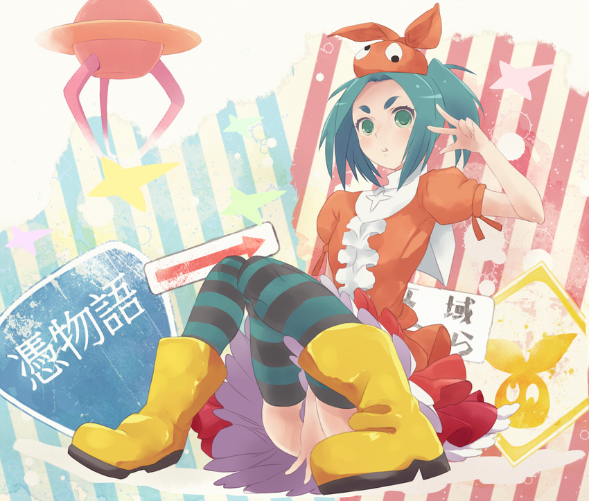 boots green_eyes green_hair hat highres monogatari_(series) oluha ononoki_yotsugi rubber_boots short_hair sign solo striped striped_legwear thighhighs tsukimonogatari twintails yellow_footwear