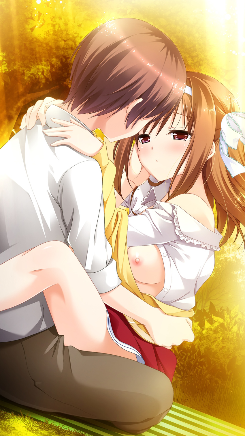 1girl areolae blush breasts forest game_cg hairband kimishima_ao legs mitsu_king nature nipples no_bra no_panties open_clothes orange_hair otome_ga_kanaderu_koi_no_aria penis red_eyes sex short_hair skirt small_breasts sunlight sweat thighs tree trees tsukahara_izumi vaginal yukishiro_kotori zinno