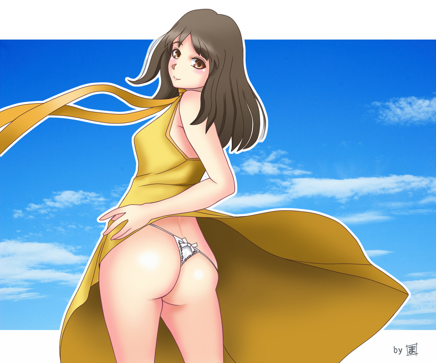 1girl ass bare_shoulders blush breasts brown_eyes brown_hair dress dress_lift from_behind long_hair looking_at_viewer looking_back maqubee mishima_reika rahxephon ribbon shiny shiny_skin smile solo thong underwear wind_lift