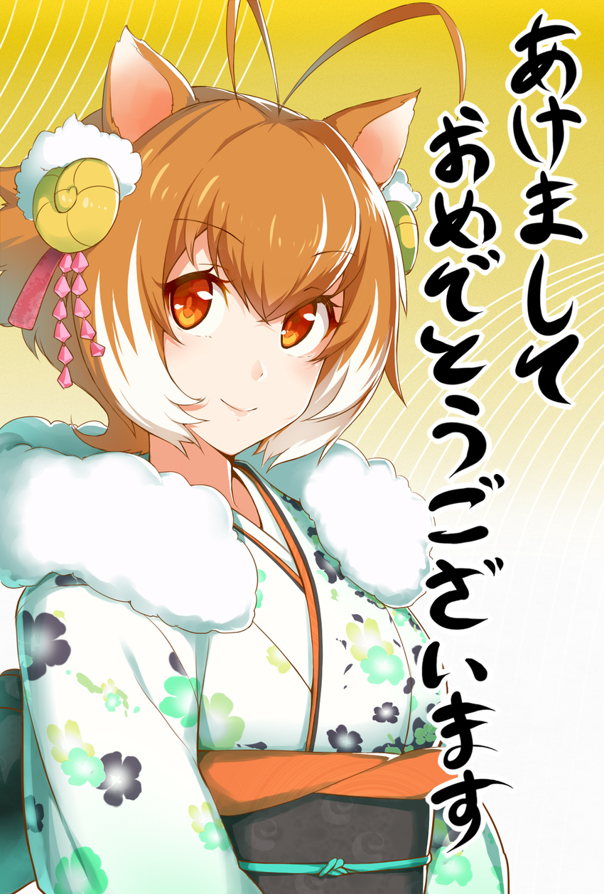 akeome animal_ears antenna_hair blazblue brown_eyes brown_hair floral_print fur_trim hair_ornament happy_new_year highres japanese_clothes kanzashi kimono looking_at_viewer makoto_nanaya multicolored_hair new_year obi purinnssu sash smile solo squirrel_ears tsumami_kanzashi two-tone_hair white_hair