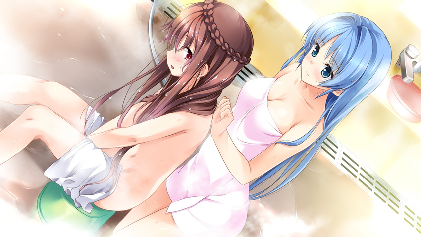 1boy 1girl bath bathroom bathtub blue_eyes blue_hair blush braid breasts brown_hair bubble bubbles bucket cleavage game_cg highres kimishima_ao kneeling large_breasts legs long_hair looking_back mitsu_king mixed_bathing navel ninomiya_mikoto nude open_mouth otome_ga_kanaderu_koi_no_aria red_eyes sitting smile sponge steam thighs towel trap tsukahara_izumi washing water wet zinno