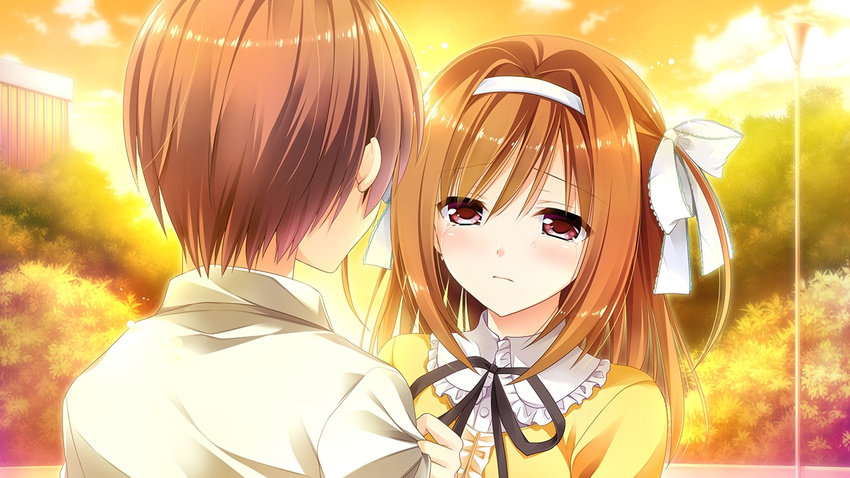 1boy 1girl blush brown_hair crying game_cg kimishima_ao long_hair mitsu_king open_mouth otome_ga_kanaderu_koi_no_aria panties pink_panties red_eyes tears tsukahara_izumi underwear uniform yukishiro_kotori zinno