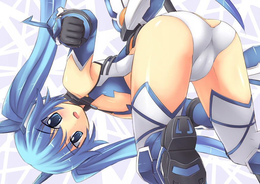 armpits blue_eyes blue_footwear blue_hair boots cameltoe cleavage_cutout flat_chest gloves long_hair looking_back ore_twintail_ni_narimasu revealing_clothes solo srwsrx_(gp03dsrx) tailblue thighhighs twintails upside-down white_legwear