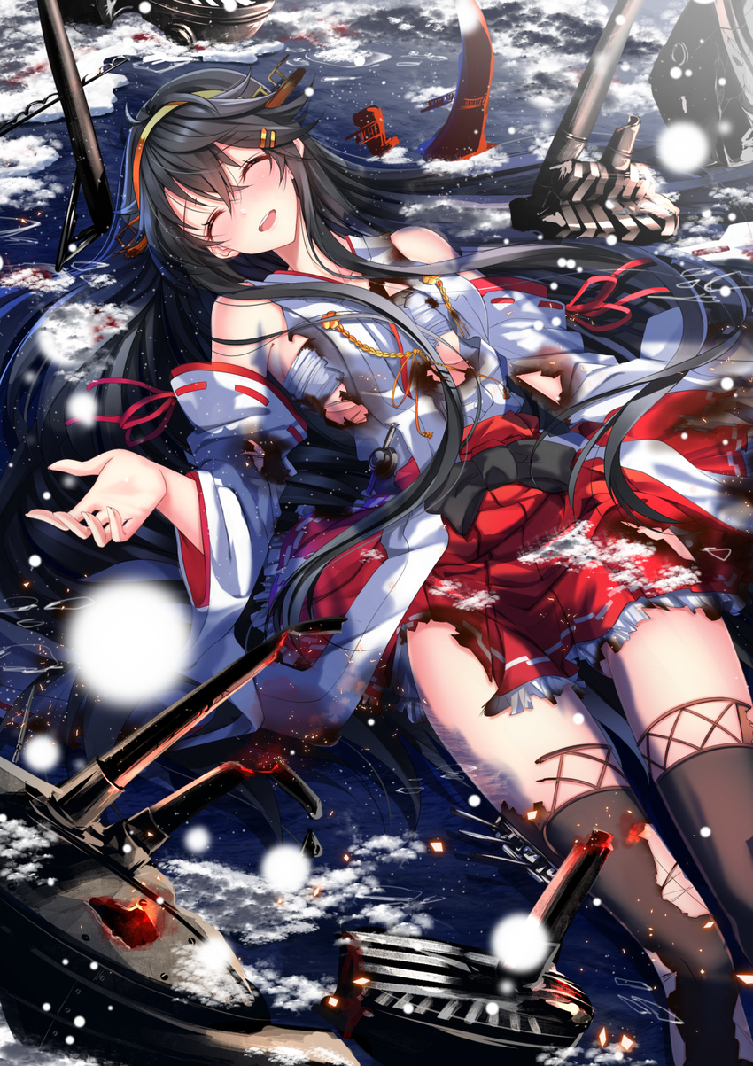 black_hair boots breasts budget_sarashi burnt_clothes closed_eyes commentary_request cowboy_shot damaged detached_sleeves dutch_angle facing_viewer flotsam frilled_skirt frills hair_ornament hairclip haruna_(kantai_collection) headgear highres junk kantai_collection large_breasts long_hair long_legs lying lying_on_water miniskirt nontraditional_miko on_back open_mouth outdoors partially_submerged pleated_skirt remodel_(kantai_collection) ribbon-trimmed_sleeves ribbon_trim sarashi shipwreck skirt smile solo swordsouls thigh_boots thighhighs torn_clothes torn_skirt
