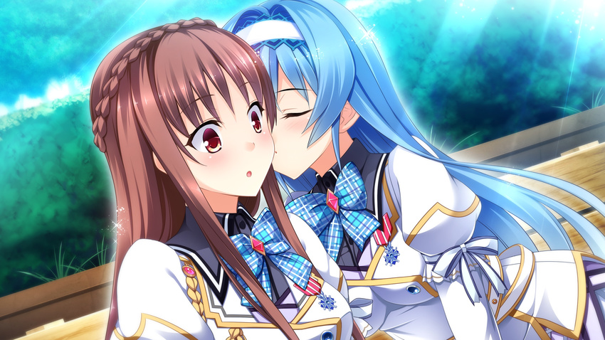 1girl blue_hair blush breasts crossdressing eyes_closed game_cg hairband highres kimishima_ao large_breasts long_hair mitsu_king ninomiya_mikoto open_mouth otome_ga_kanaderu_koi_no_aria red_eyes standing tsukahara_izumi zinno