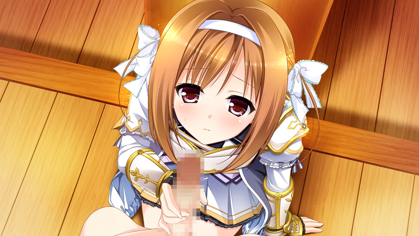 1girl blush brown_hair censored game_cg hairband handjob highres kimishima_ao kneeling looking_up mitsu_king mosaic_censoring otome_ga_kanaderu_koi_no_aria penis red_eyes short_hair yukishiro_kotori zinno