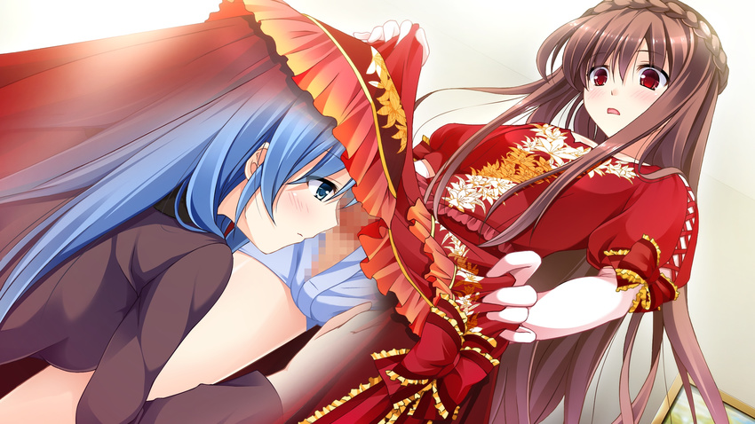 1boy 1girl blue_eyes blue_hair blush breasts brown_hair censored crossdressing elbow_gloves game_cg gloves highres kimishima_ao long_hair mitsu_king mosaic_censoring ninomiya_mikoto open_mouth otome_ga_kanaderu_koi_no_aria penis red_eyes trap tsukahara_izumi zinno