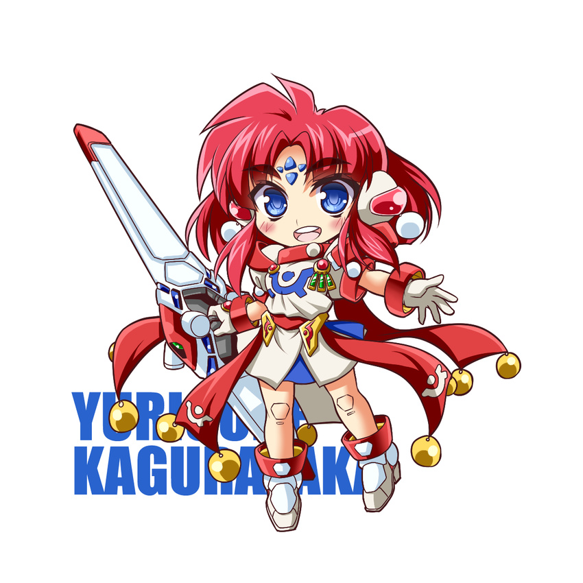 :d blue_eyes blush character_name chibi eyebrows facial_mark forehead_mark full_body ginga_ojou-sama_densetsu_yuna gloves highres kubotami open_mouth red_hair scarf shoes short_hair skirt smile solo standing thick_eyebrows weapon white_background yuri_cube