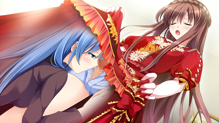 1boy 1girl blue_eyes blue_hair blush breasts brown_hair censored crossdressing elbow_gloves eyes_closed game_cg gloves kimishima_ao long_hair mitsu_king mosaic_censoring ninomiya_mikoto open_mouth otome_ga_kanaderu_koi_no_aria penis trap tsukahara_izumi zinno