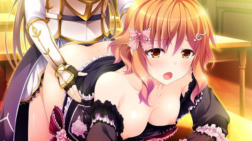 1girl areolae ass bare_shoulders bent_over blush breasts breasts_outside clothed_sex crossdressing dress dress_lift game_cg hair_ornament hairclip kimishima_ao legs looking_away mitsu_king nipples no_bra no_panties open_mouth orange_eyes orange_hair otome_ga_kanaderu_koi_no_aria saijo_nozomi sex short_hair table thighs trap tsukahara_izumi vaginal zinno