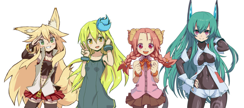 animal_ears aqua_hair bangs bare_arms bare_shoulders blonde_hair blush bodysuit borrowed_character bracelet braid breasts brown_eyes commentary_request covered_navel curled_horns dress eyebrows_visible_through_hair fingerless_gloves flower fox_ears fox_tail gloves green_eyes green_hair hair_between_eyes hair_flower hair_ornament hand_in_hair hand_on_hip headgear horns impossible_bodysuit impossible_clothes jewelry kimidori_(ico) kokonoe_tsubaki long_hair looking_at_viewer mamaru_(asagi_juukou) medium_breasts menou_kaname micro_shorts miniskirt multiple_girls multiple_tails muu_(mumumer) navel open_mouth original pantyhose purple_eyes red_eyes shorts simple_background skin_tight skirt sleeveless small_breasts smile tail teeth thighhighs twin_braids unzipped v white_background yellow_eyes zipper