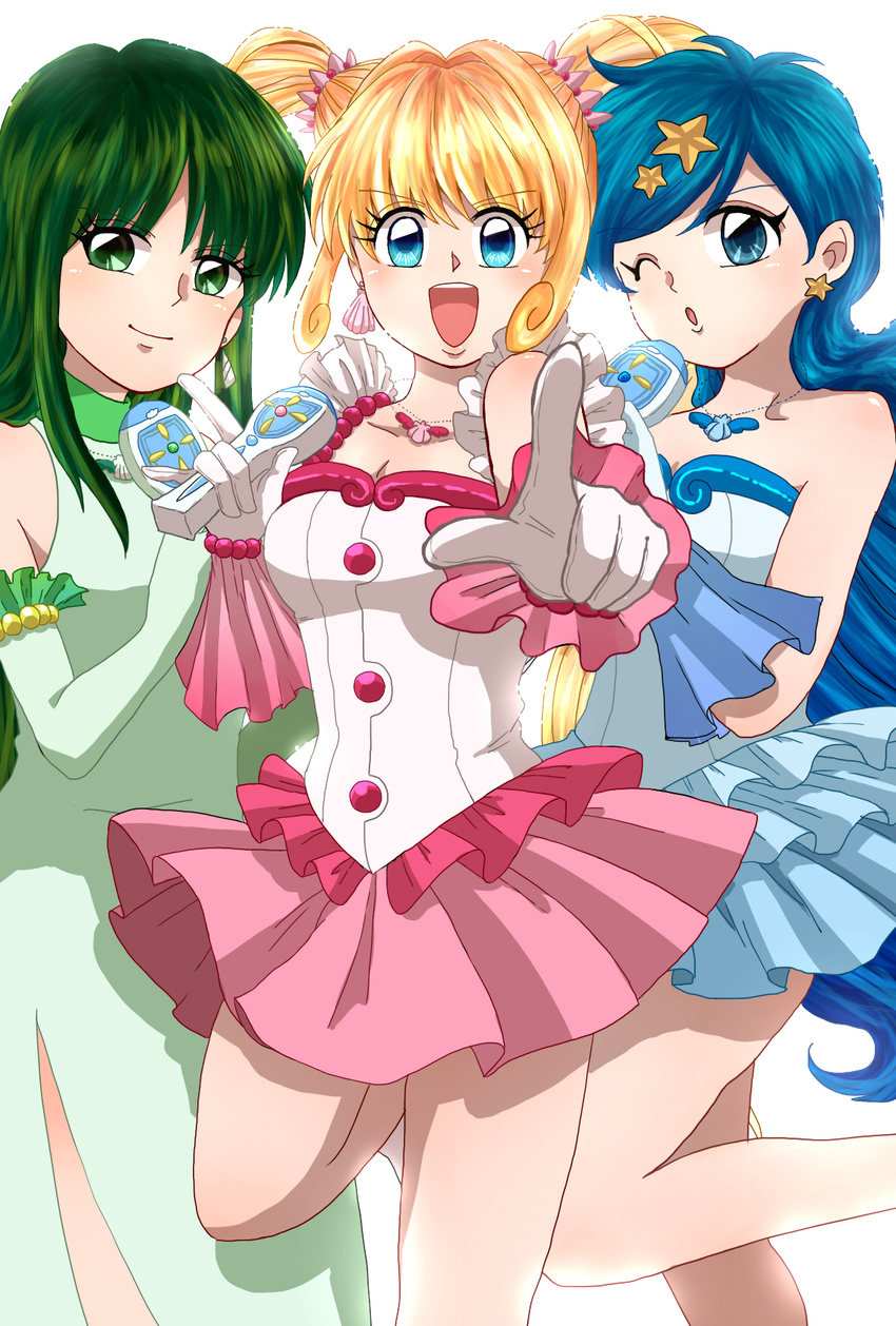 blonde_hair blue_eyes blue_hair green_eyes green_hair highres houshou_hanon idol jewelry long_hair mermaid_melody_pichi_pichi_pitch microphone multiple_girls nanami_lucia necklace one_eye_closed pendant pointing sagoyuma touin_rina