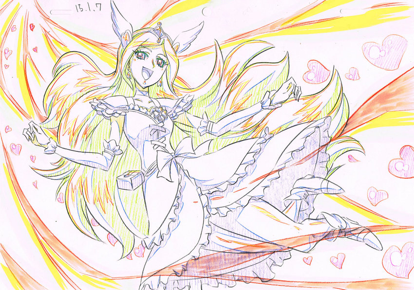 arm_warmers choker color_trace cure_passion dress fresh_precure! frills hair_ornament head_wings heart heart_hair_ornament higashi_setsuna highres itaoka1 long_hair magical_girl open_mouth partially_colored precure ribbon sketch smile solo tiara traditional_media