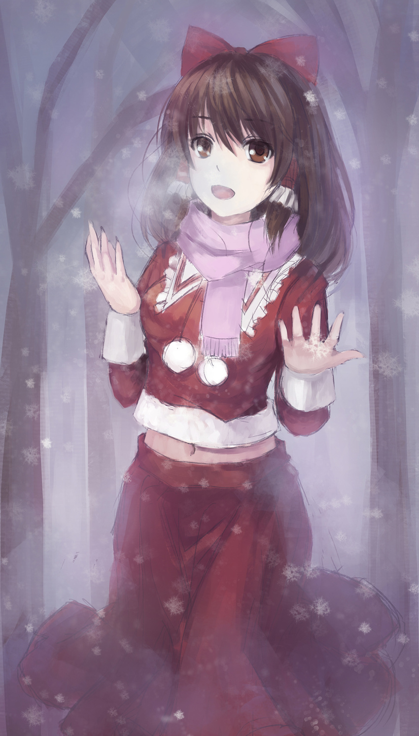 adapted_costume bad_id bad_pixiv_id bow breath brown_eyes brown_hair cowboy_shot forest hair_bow hair_tubes hakurei_reimu highres long_sleeves looking_at_viewer midriff nature navel open_mouth outdoors pom_pom_(clothes) scarf skirt snowing solo touhou tree youxuemingdie