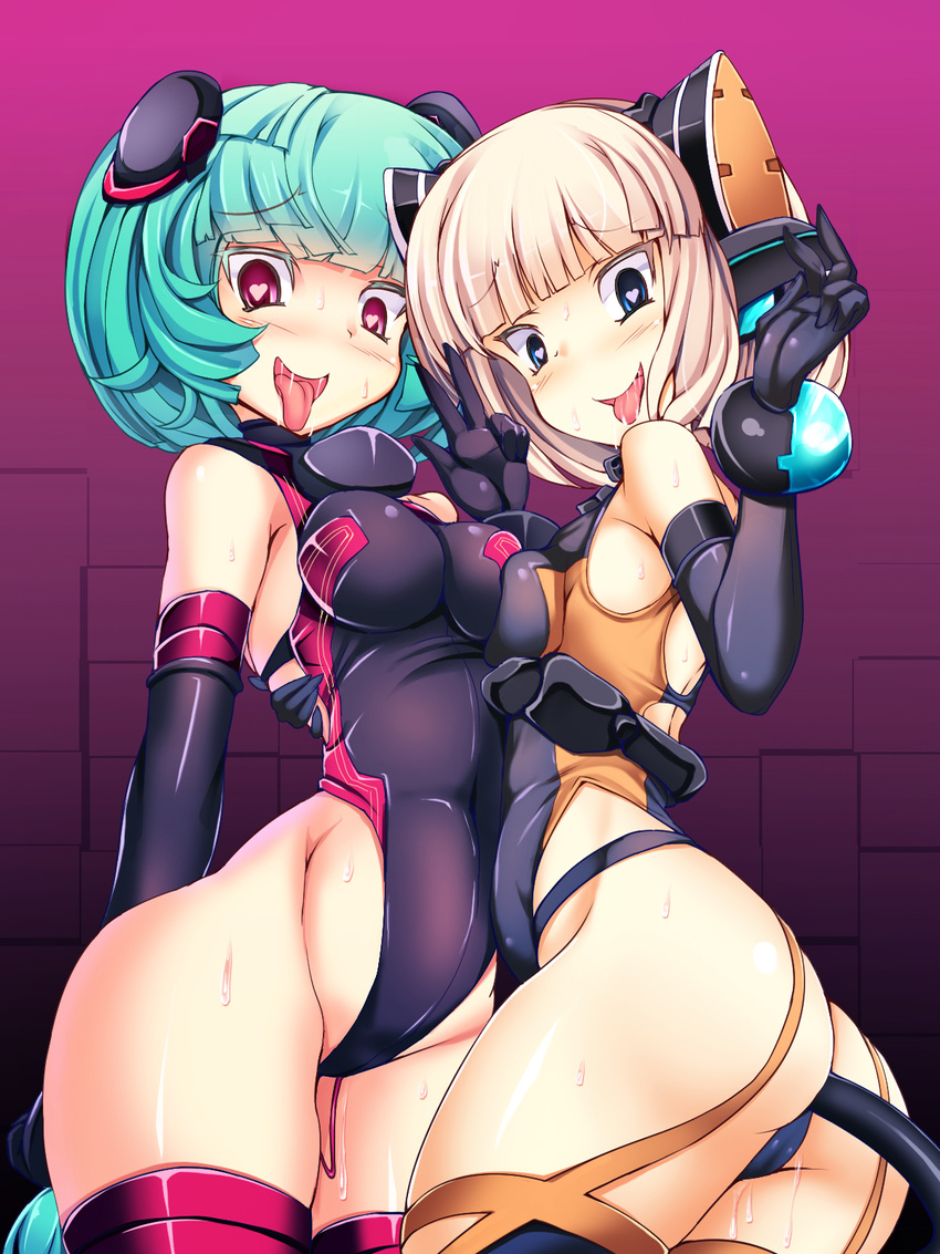 anal_tail ass blonde_hair blue_eyes breast_press breasts butt_plug corruption drooling elbow_gloves empty_eyes fake_tail gloves green_hair heart heart-shaped_pupils highres leotard magical_girl multiple_girls open_mouth original pussy_juice red_eyes short_hair symbol-shaped_pupils symmetrical_docking tail thighhighs tongue tongue_out torisan vibrator_under_clothes