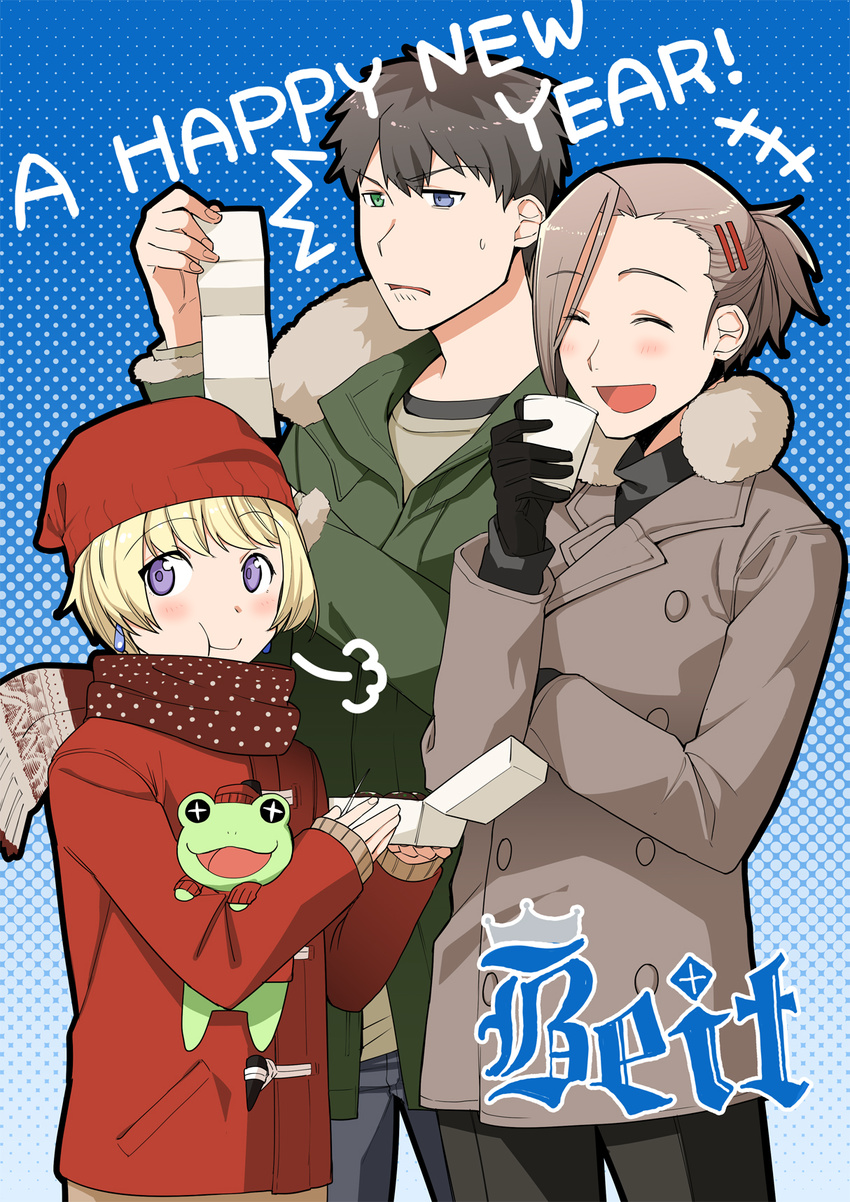 beit black_hair blue_eyes blush brown_hair closed_eyes coat frog gloves hair_ornament hairclip highres idolmaster idolmaster_side-m kaerre male_focus multiple_boys open_mouth pierre_(idolmaster) ponytail scarf smile sweat takajou_kyouji tsurusaki_yuu watanabe_minori