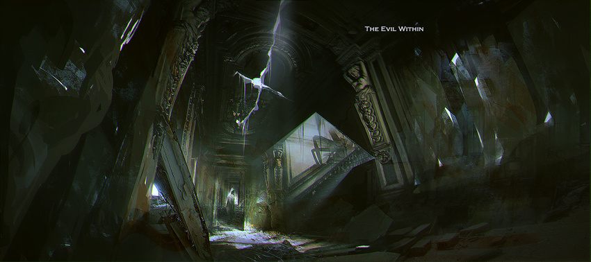 building cloak copyright_name crack cracked_ceiling hallway hood hooded_cloak indoors light_rays river18 ruins ruvik scenery solo standing sunbeam sunlight the_evil_within window