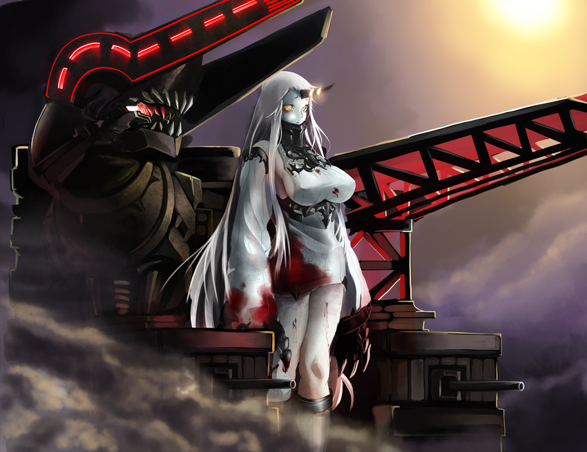 absurdres blood bloody_clothes breasts claws detached_sleeves dress glowing glowing_eyes highres horn kantai_collection large_breasts long_hair machinery parted_lips rei_hana_(nachis514) ribbed_dress seaport_hime shinkaisei-kan short_dress sideboob solo thighs turret very_long_hair white_hair white_skin yellow_eyes