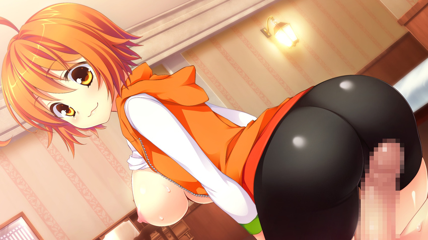 1girl areolae ass backboob bed bike_shorts blush breasts breasts_outside censored chuablesoft erection from_behind game_cg highres kunai_uri large_breasts looking_back lying mosaic_censoring namanie nipples no_bra noblesse_of_rouge orange_eyes orange_hair penis rubbing shirt_lift short_hair sitting sitting_on_person smile tani_an