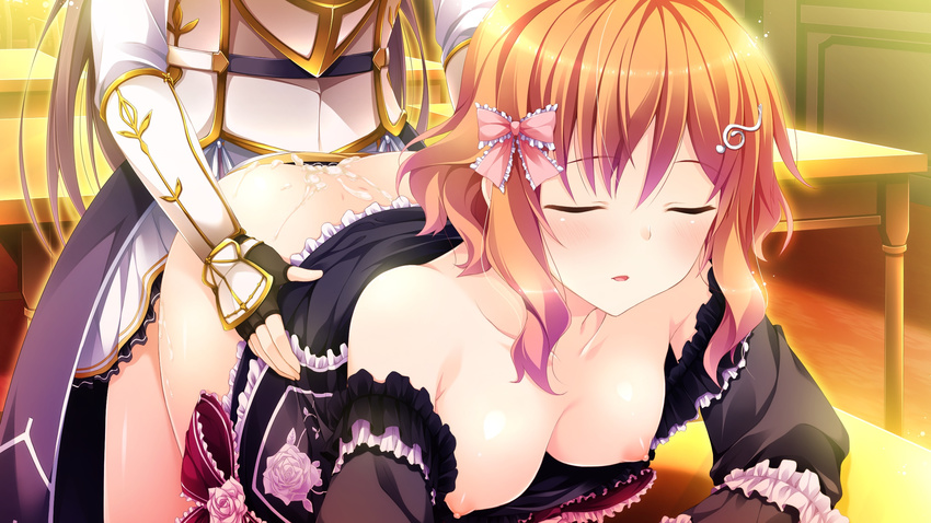 1girl areolae ass bare_shoulders bent_over blush breasts breasts_outside clothed_sex crossdressing dress dress_lift eyes_closed game_cg hair_ornament hairclip highres kimishima_ao legs looking_away mitsu_king nipples no_bra no_panties open_mouth orange_hair otome_ga_kanaderu_koi_no_aria saijo_nozomi sex short_hair table thighs trap tsukahara_izumi vaginal zinno