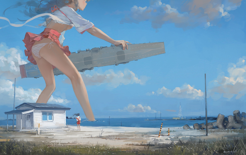 2girls akagi_(kantai_collection) beach bow_(weapon) breasts cloud crop_top dated day from_behind giantess grass hakama_skirt head_out_of_frame highres hjl holding horizon house kantai_collection long_hair long_legs midriff miniskirt multiple_girls ocean outdoors panties pleated_skirt quiver sash short_sleeves side-tie_panties skirt sky small_breasts standing striped striped_panties tetrapod tower underboob underwear wading water weapon