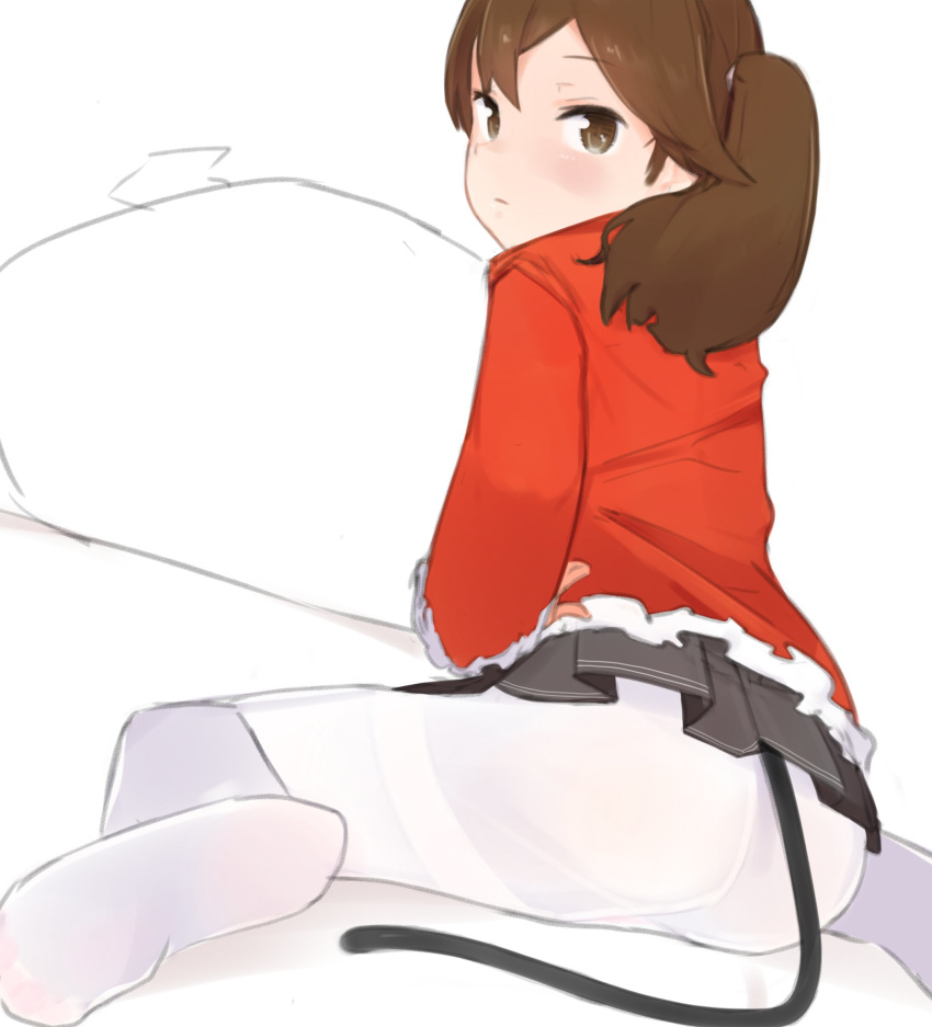 black_skirt brown_eyes brown_hair co_botan feet frilled_skirt frills from_behind highres kantai_collection looking_at_viewer looking_back no_shoes pantyhose red_shirt ryuujou_(kantai_collection) shirt sitting skirt soles solo tail twintails wariza white_background white_legwear