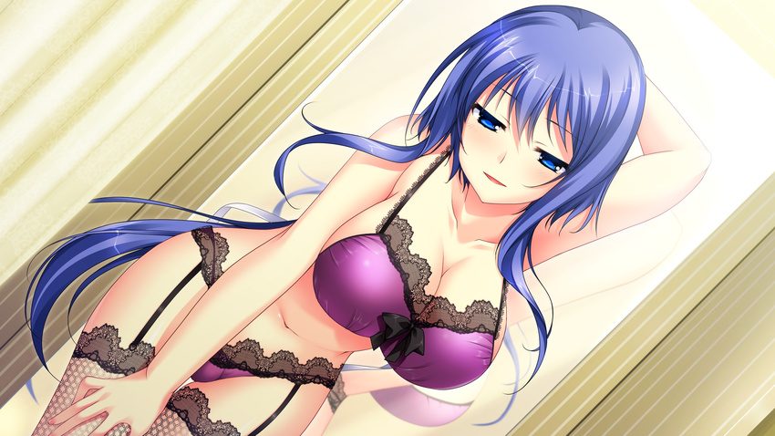 1girl arm_up arms_up atou_subaru bare_shoulders black_legwear blue_eyes blue_hair bra breasts chuablesoft cleavage curvy fishnet_legwear fishnets game_cg garter_belt garter_straps highres huge_breasts kunai_uri lace-trimmed_bra lace-trimmed_panties large_breasts leaning_forward legs lingerie looking_at_viewer mirror namanie naughty_face navel noblesse_of_rouge panties payot purple_bra purple_panties sidelocks smile solo standing thighhighs thighs underwear