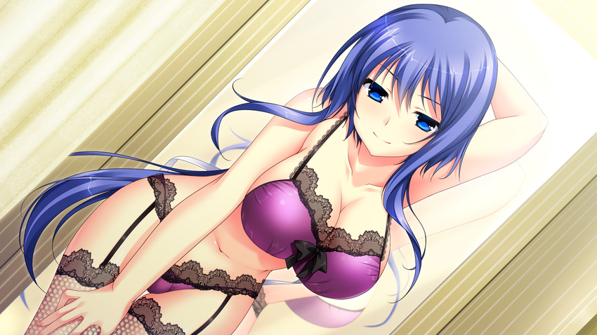 1girl arm_up arms_up atou_subaru bare_shoulders black_legwear blue_eyes blue_hair bra breasts chuablesoft cleavage curvy fishnet_legwear fishnets game_cg garter_belt garter_straps highres huge_breasts kunai_uri lace-trimmed_bra lace-trimmed_panties large_breasts leaning_forward legs lingerie looking_at_viewer mirror namanie naughty_face navel noblesse_of_rouge panties payot purple_bra purple_panties sidelocks smile solo standing thighhighs thighs underwear