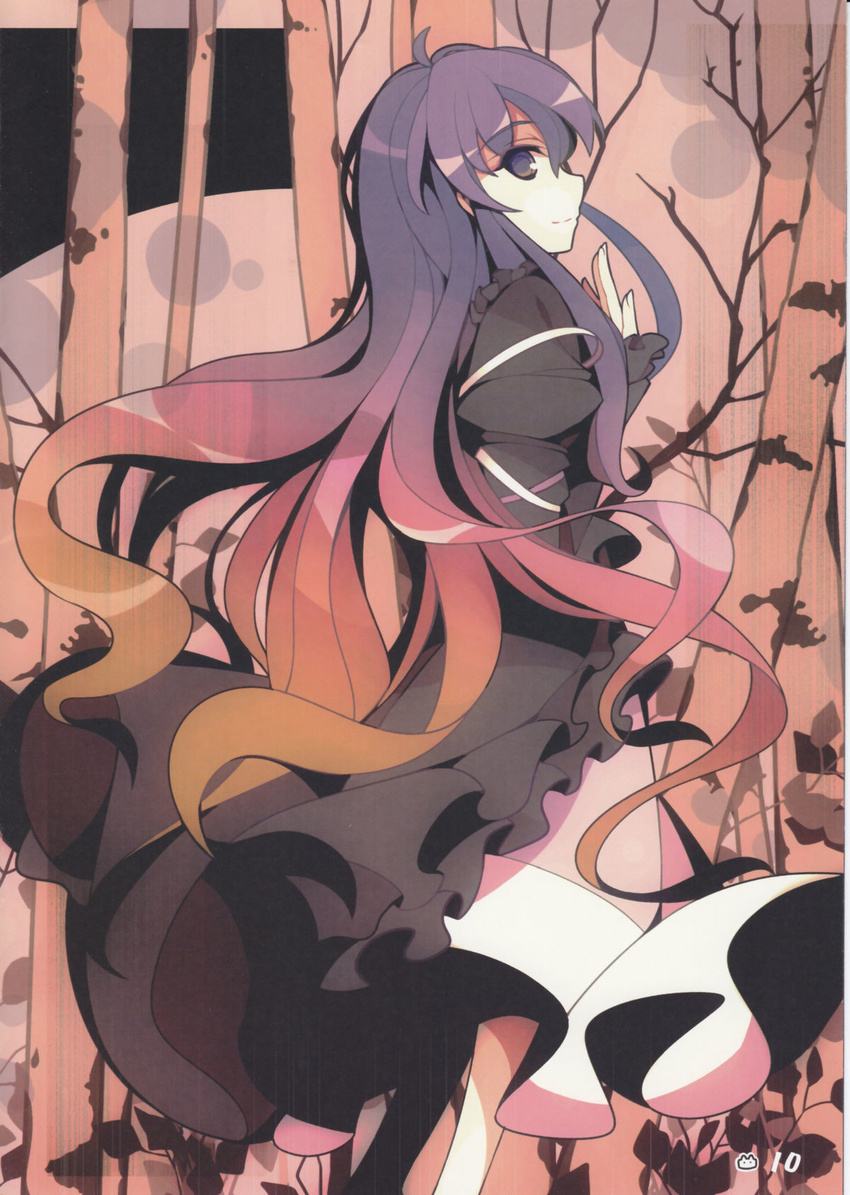 black_dress brown_hair dress frills gradient_hair highres hijiri_byakuren ideolo long_hair long_sleeves looking_at_viewer looking_back multicolored_hair non-web_source profile puffy_sleeves purple_eyes purple_hair scan smile solo touhou very_long_hair