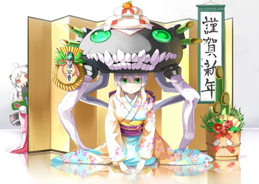 alternate_costume around_corner emerane fangs floral_print green_eyes ha-class_destroyer happy_new_year hat horns japanese_clothes kadomatsu kagami_mochi kantai_collection kimono long_sleeves multiple_girls new_year northern_ocean_hime obi sash seiza shinkaisei-kan sign silver_hair sitting tentacles translated v_arms wide_sleeves wo-class_aircraft_carrier yellow_eyes