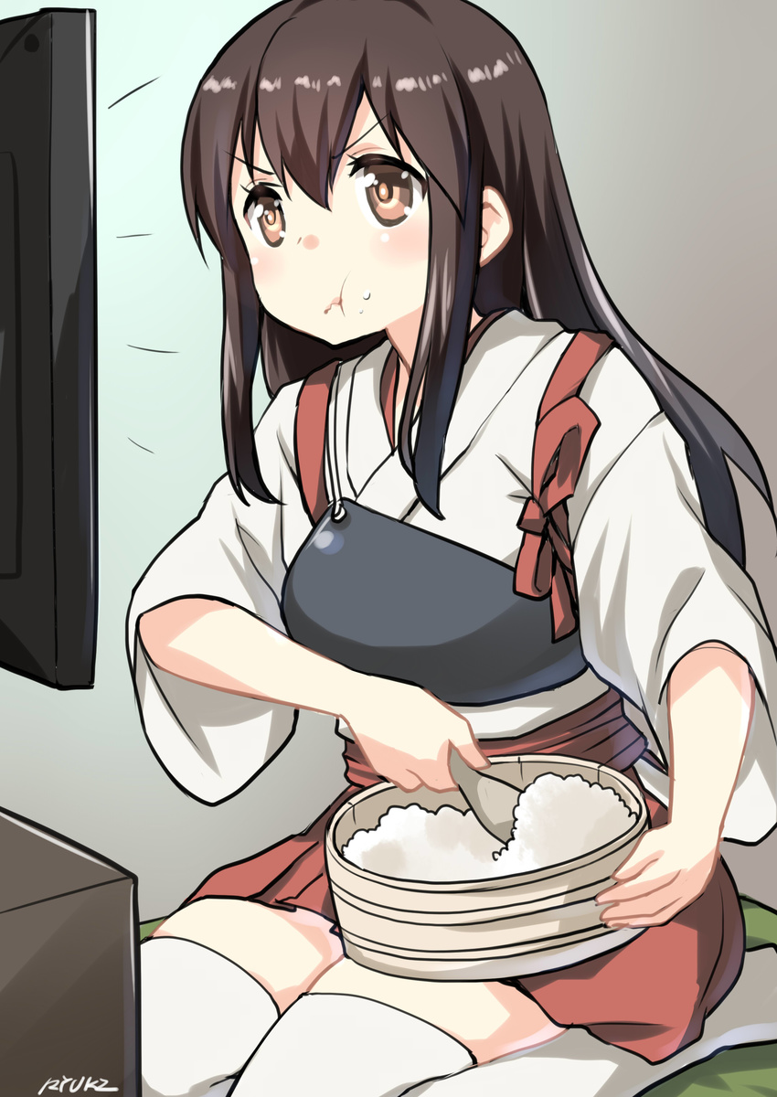 :t absurdres akagi_(kantai_collection) breastplate brown_eyes brown_hair bucket eating highres kantai_collection long_hair muneate ohitsu rice rice_spoon ryuki_(ryukisukune) sitting skirt solo tasuki television thighhighs wariza white_legwear