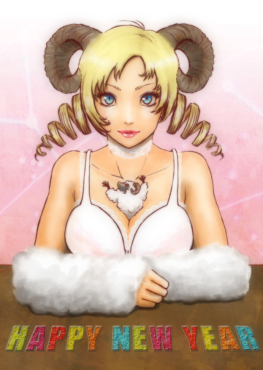 blonde_hair blue_eyes breasts catherine catherine_(game) choker demon_girl drill_hair horn lipstick makeup new_year sheep