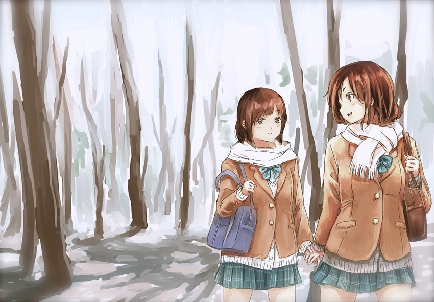 :d bad_id bad_pixiv_id bag bow brown_eyes brown_hair buttons day handbag holding_hands jacket multiple_girls open_mouth original outdoors scarf skirt smile snow syou_(endemic_species) tree