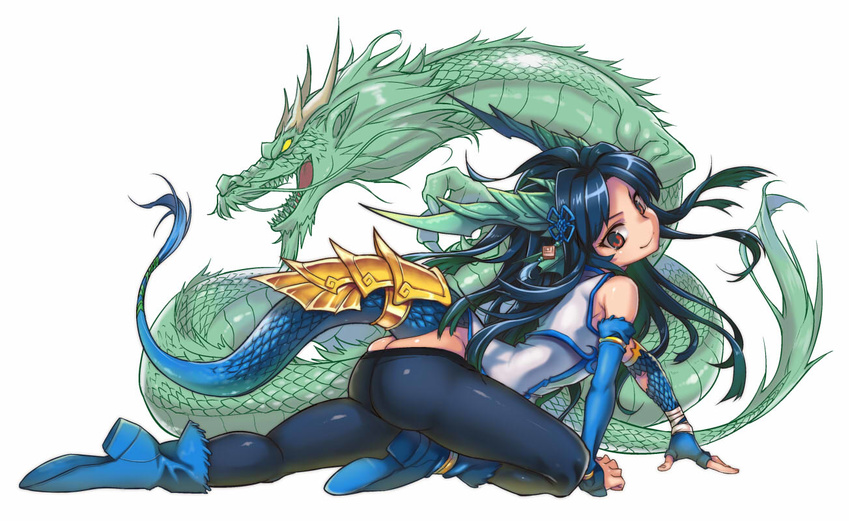 all_fours armor ass bare_shoulders black_legwear blue_footwear blue_hair boots butt_crack china_dress chinese_clothes dragon dragon_girl dragon_horns dragon_tail dress eastern_dragon full_body hair_ornament head_fins horns karin_(p&amp;d) long_hair microdress pantyhose puzzle_&amp;_dragons red_eyes scales short_dress simple_background skindentation sleeveless sleeveless_dress smile solo tail try white_background