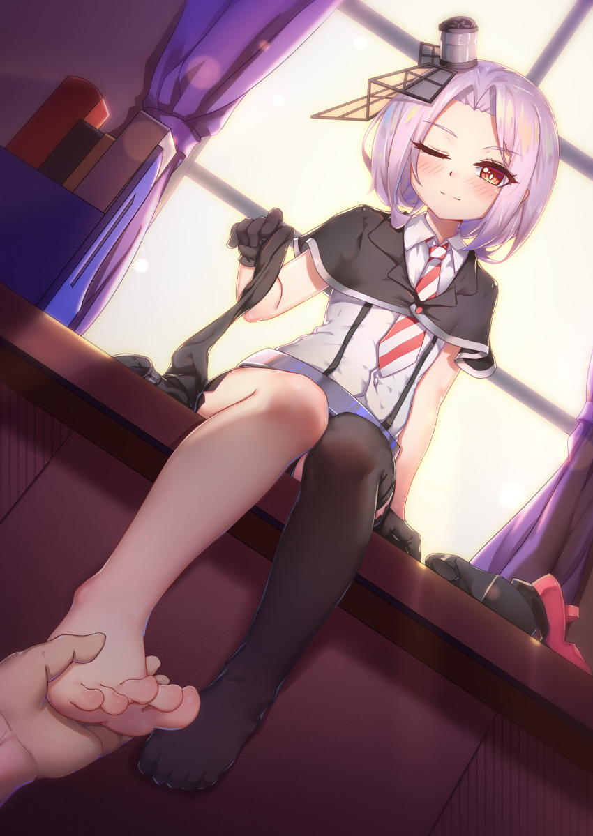 1girl barefoot black_legwear blush brown_eyes desk feet foot_hold hair_ornament hands_on_feet highres holding_another's_foot lavender_hair looking_at_viewer one_eye_closed pov shoes_removed single_thighhigh sitting smile socks_removed soles thighhighs toes vittorio_veneto_(warship_girls_r) warship_girls_r wink